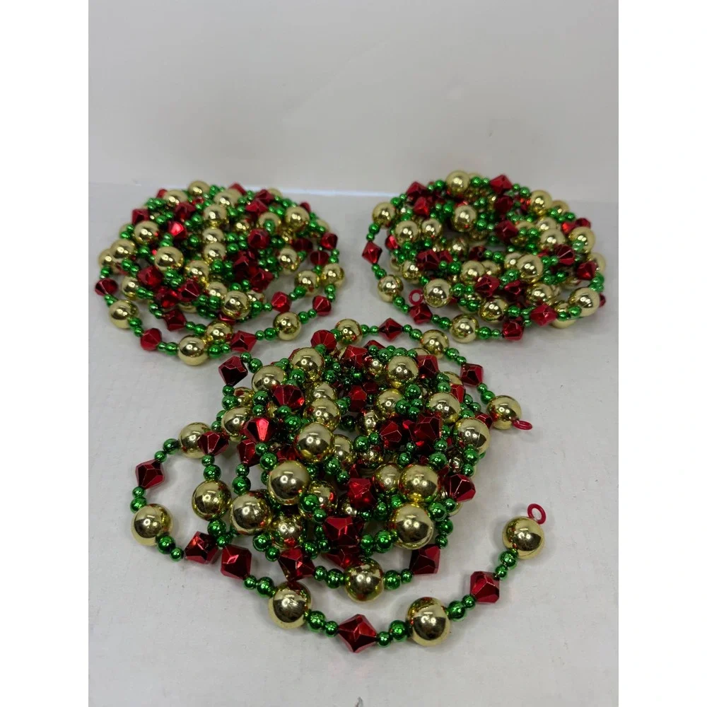 Vintage Christmas Tree Garland Red Gold Green Beaded 3 Strand Lot 9' Plastic